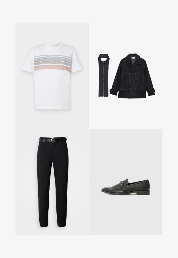 Palton de lână negru, cu închidere dublă și guler mare, asortat cu o vestă neagră, căptușită, fără mâneci, cu închidere cu fermoar.; Tricou alb cu mânecă scurtă, având dungi orizontale în nuanțe de albastru deschis, gri și portocaliu. Construit într-un croi standard, cu guler ribbat.; Pantaloni negri cu o croială dreaptă, având o textură netedă și un cureaua din piele neagră cu o cataramă argintie. Design simplu, fără modele sau accente.; Pantofii negri din piele cu un finisaj neted, având un design cusut și un accent decorativ de lanț metalic peste partea de sus. Toc plat.