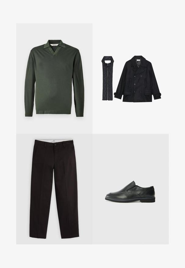Black woolen peacoat with double-breasted buttons and large collar, paired with a sleeveless black quilted vest featuring a zip closure.; Long-sleeve polo shirt in dark green, made from smooth fabric. Features a V-neck collar and minimalistic design without patterns or hardware.; Black straight-leg chinos with belt loops, button closure, and side pockets, displayed on a light gray background.; Black leather slip-on shoe with a smooth upper, stitched accents, rounded toe, and a low rubber heel. Sole features minimal tread.