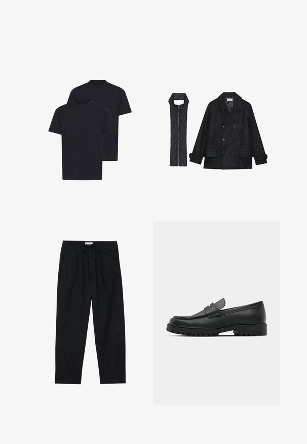 Črn volnen plašč z dvojnimi gumbi in velikim ovratnikom, v kombinaciji z brezrokavnikom iz črnega prešitega materiala z zadrgo.; Črne bombažne majice s krožnim ovratnikom, kratkimi rokavi in sproščenim krojem, predstavljene v paketu dveh.; Pier One Hlače chino - black; Črne usnjene loafers čevlje z zaobljenim nosom, ki imajo šivano zasnovo, nizko platformo in teksturiran, profiliran gumijast podplat.