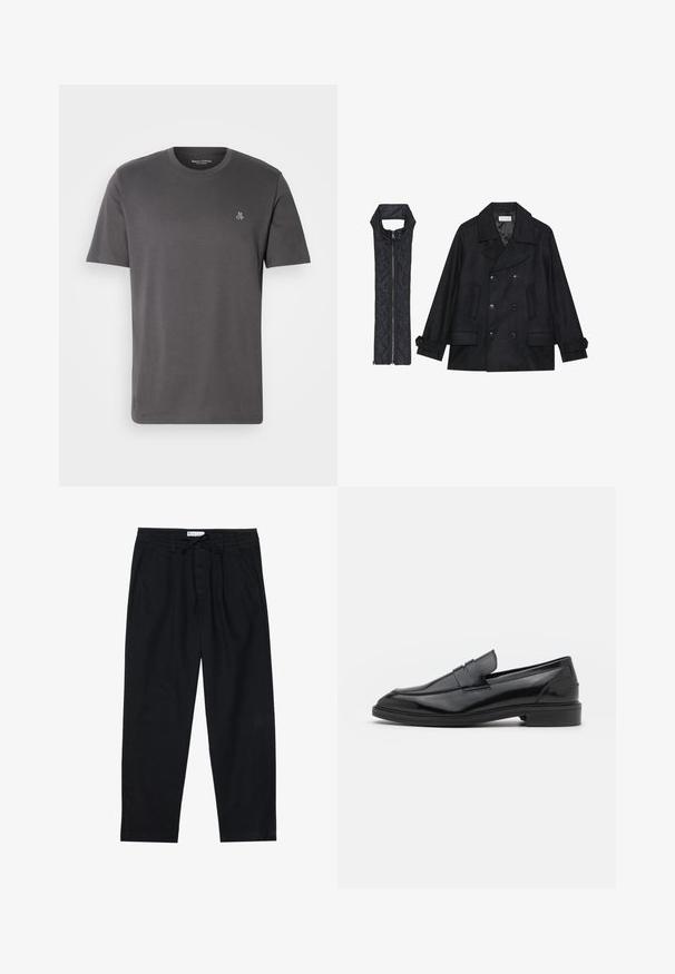 Crni vuneni kaput s dvostrukim kopčanjem i velikim ovratnikom, uparen s crnim bezrukavnim jaknom od mrežastog materijala sa zatvaračem na patent.; Tamno sivi kratki rukav T-shirt od pamuka. Ima okrugli izrez i mali "MOP" logo na lijevoj strani prsnog koša. Jednostavan dizajn, bez šavova.; Pier One Chino hlače - black; Crne kožne mokasine s glatkom površinom, s okruglim vrhom i uskim pojasom preko gornjeg dijela. Nizak slojeviti potplat.