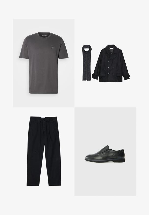 Sort uld peacoat med dobbeltradede knapper og stor krave, parret med en ærmeløs sort quiltet vest med lynlås.; Mørkegrå T-shirt med korte ærmer lavet af bomuld. Har en rund hals og et lille "MOP" logo på venstre bryst. Enkel design, sømløs tekstur.; Pier One Chino - black; Sorte læder slip-on sko med en glat overdel, syede detaljer, rund tå og en lav gummihæl. Sålen har minimal profil.