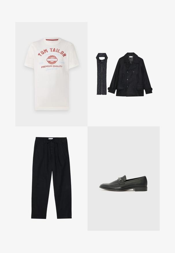 Casaco de lã preto com botões duplos e gola grande, combinado com um colete acolchoado preto sem mangas com fecho de correr.; T-shirt de algodão branco com estampado vermelho e azul com "TOM TAILOR", um logótipo circular e o texto "QUALIDADE PREMIUM" em várias fontes.; Pier One Chinos - black; Sapatilha de couro preta com um acabamento suave, apresentando um design cosido e um detalhe decorativo de corrente de metal atravessando o peito do pé. Salto baixo.