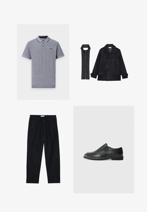 Mustast villast peacoat, millel on topelt nööbid ja suur krae, koos musta ilma varrukateta tikkimisega vestiga, millel on lukuga sulgemine.; Hallikas polo-särk kontrastsete tumesiniste ja valgete triipudega kraega, kolme nupuga front, ning peene logo detailiga rinnal.; Pier One Chino-püksid - black; Must musta laia suuga king, millel on sile ülemine osa, õmmeldud detailid, ümmargune nina ja madal kummist konts. Tallal on minimaalne mustr.