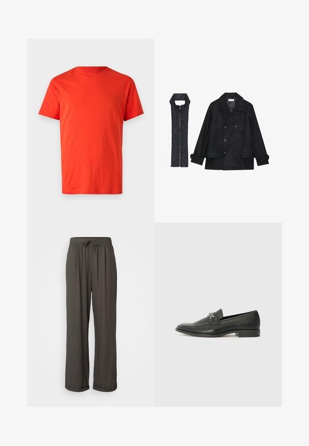 Fekete gyapjú peacoat dupla gombolással és nagy gallérral, melyet egy ujjatlan fekete steppelt mellénnyel párosítanak, amely cipzárral záródik.; Piros pamut póló rövid ujjakkal, kerek nyakkal és tónusonként azonos logó részlettel a bal mellrészen. Simára kikészített textúrájú és normál szabású.; Sötétszürke, bővülő lábú nadrág, zsinóros derekú, puha, texturált anyagból készült, és a bokáknál felgöngyölített ujjak jellemzik.; Fekete bőr loaferek sima felülettel, varrott mintával és díszítő fém lánccal a cipő elején. Lapos sarok.