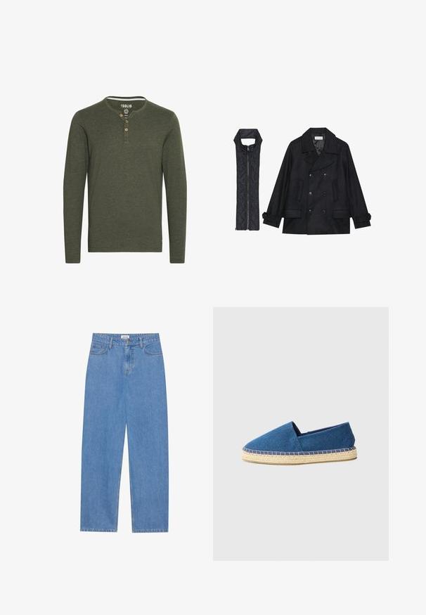 Čierny vlnený peacoat s dvojradovým zapínaním a veľkým golierom, skombinovaný s čiernou prešívanou vestou bez rukávov s rázporkom na zips.; Solid SDVOLKO - Top s dlhým rukávom - olive; Svetlomodré denimové nohavice s rovnými nohavicami, dizajnom s piatimi vreckami, zapínaním na jeden gombík a jemnými švovými detailmi.; Modré plátenné espadrily so zatvorenou špičkou, juta podrážkou a prešitým lemom. Hladký textilný povrch a nízky profil.
