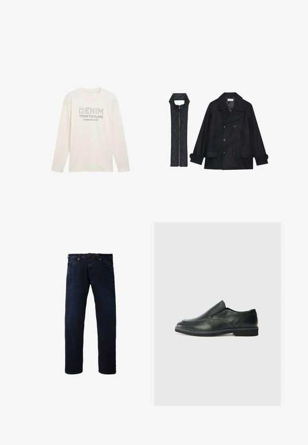 Sort uld peacoat med dobbeltradede knapper og stor krave, parret med en ærmeløs sort quiltet vest med lynlås.; Lyscremet langærmet skjorte med rund hals, der har et trykt logo i grå, som læser "DENIM TOM TAILOR ESTABLISHED 2007."; Mørkeblå denimjeans med lige ben, fem-lomme design og standard knaplukning. Glat tekstur med minimal slid.; Sorte læder slip-on sko med en glat overdel, syede detaljer, rund tå og en lav gummihæl. Sålen har minimal profil.