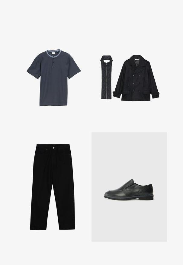 Musta villapaltto, jossa on kaksiriviset napit ja suuri kaulus, yhdistettynä olkaimettomaan mustaan toppaliiviin, joka avautuu vetoketjulla.; Tummansininen lyhythihainen paita, jossa on teksturoitu kangas, vaaleansinisellä kauluksella ja kolmella napilla varustettu napitus.; Mustat farkut suoraan lahkeella, viisi taskua ja etunappikiinnitys. Sileä rakenne, jossa on vain vähäisiä ompelualueita.; Musta nahkainen liukujalkine, jossa on sileä pinta, ommeltuja yksityiskohtia, pyöristetty kärki ja matala kumipohja. Pohjassa on minimaalinen pito.