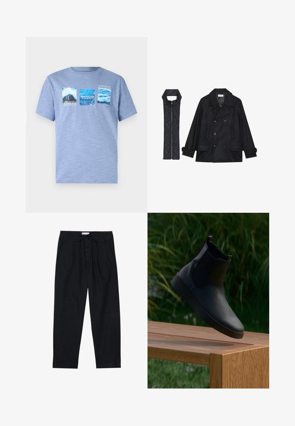 Mustast villast peacoat, millel on topelt nööbid ja suur krae, koos musta ilma varrukateta tikkimisega vestiga, millel on lukuga sulgemine.; Hele sinise lühikeste varrukatega t-särk, mis on valmistatud pehmest kangast ja millel on kolm graafilist printi, mis kujutavad vett ja maastikke koos tekstiliste detailidega.; Pier One Chino-püksid - black; Mustad musta nahast pahkluu saabaste paar, millel on elastsed külgpaneelid, sile tekstuur, ümarad varbad ja lamedad tallad, asetatud puidust laua peale rohelise taustaga.