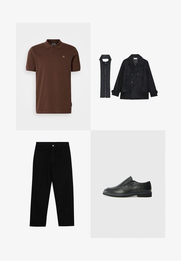 Melnā vilnas jaka ar dubulto pogu rindas un lielu apkakli, apvienota ar bez piedurknēm melnu piepūšamā vesta ar rāvējslēdzēju.; Brūns polo krekls no kokvilnas materiāla ar īsām piedurknēm, trīs pogu aizdari un nelielu dzeltenu logotipu uz krūtīm. Vienkāršs dizains.; Melni džinsi ar taisnu kāju griezumu, piecu kabatu dizainu un priekšēju pogu aizdari. Gluda tekstūra ar minimālu šuvju detaļu skaitu.; Melnas ādas slip-on kurpes ar gludu augšdaļu, izšūtām akcentiem, noapaļotu purngala daļu un zemu gumijas papēdi. Zole ar minimālu rakstu.