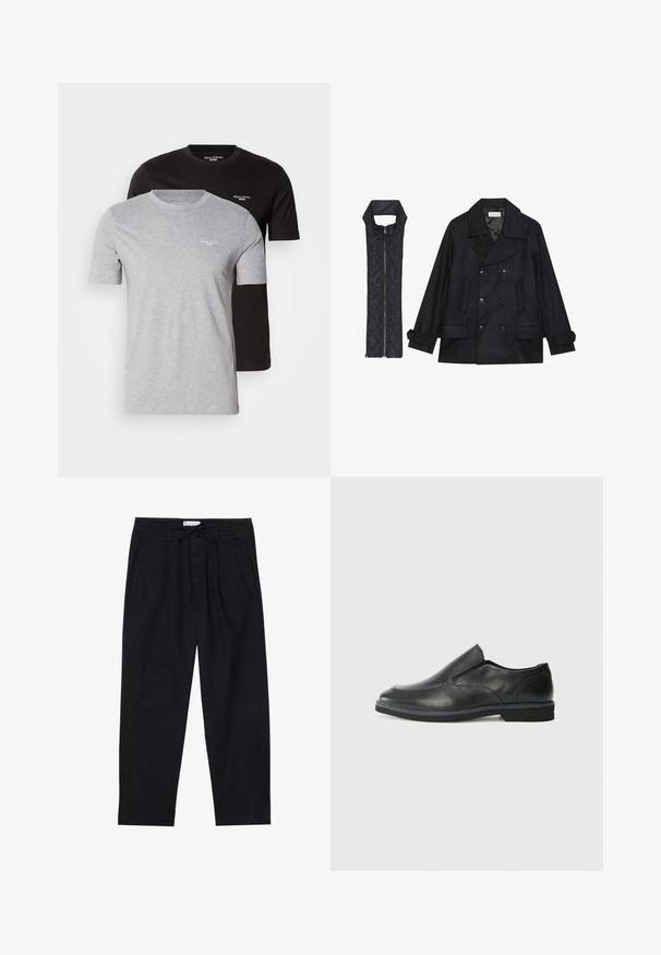 Musta villapaltto, jossa on kaksiriviset napit ja suuri kaulus, yhdistettynä olkaimettomaan mustaan toppaliiviin, joka avautuu vetoketjulla.; Kaksi lyhythihaista t-paitaa: yksi harmaa ja yksi musta. Molemmissa on pyöreä kaula-aukko ja pieni valkoinen logo rinnassa. Puuvillakangasta.; Pier One Chinot - black; Musta nahkainen liukujalkine, jossa on sileä pinta, ommeltuja yksityiskohtia, pyöristetty kärki ja matala kumipohja. Pohjassa on minimaalinen pito.