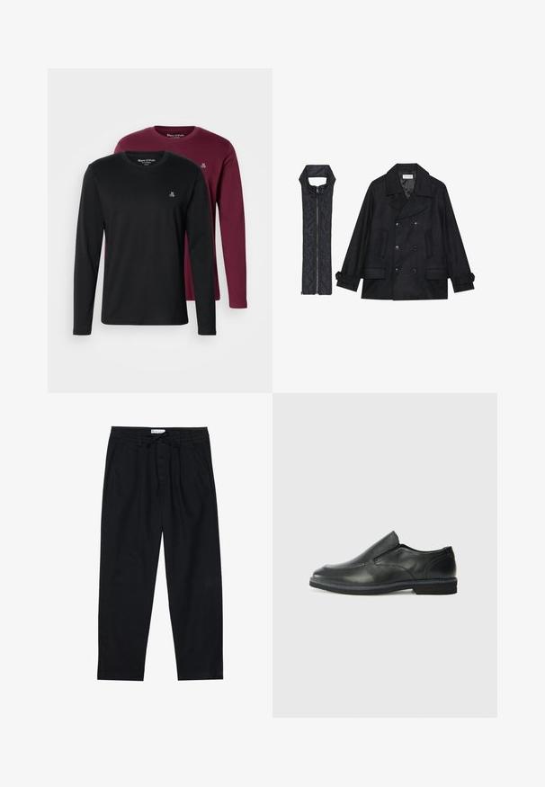 Casaco de lã preto com botões duplos e gola grande, combinado com um colete acolchoado preto sem mangas com fecho de correr.; Duas t-shirts de manga longa: uma preta, outra burdeos. Ambas apresentam um decote redondo, material de algodão macio e um pequeno logótipo bordado no peito.; Pier One Chinos - black; Sapato slip-on preto em pele com um upper liso, acabamentos cosidos, bico arredondado e um salto de borracha baixo. A sola apresenta um padrão de aderência mínimo.