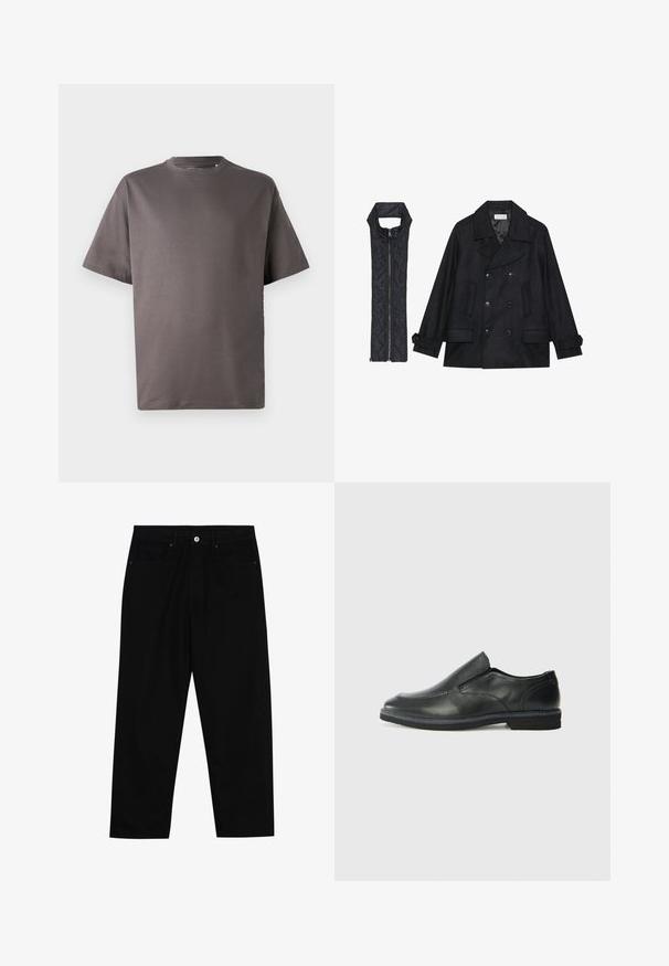 Čierny vlnený peacoat s dvojradovým zapínaním a veľkým golierom, skombinovaný s čiernou prešívanou vestou bez rukávov s rázporkom na zips.; Tmavošedé tričko s krátkym rukávom a okrúhlym výstrihom, vyrobené z mäkkého materiálu, s voľným strihom a bez viditeľných vzorov alebo akcentov.; Čierne denimmové nohavice s rovný strihom, dizajnom s piatimi vreckami a upínaním na prednej strane. Hladká textúra s minimálnymi detailmi šitia.; Čierny kožený nazúvací topánka s hladkým zvrškom, prešitými akcentmi, zaoblenou špičkou a nízkym gumovým podpätkom. Podošva má minimálny dezén.
