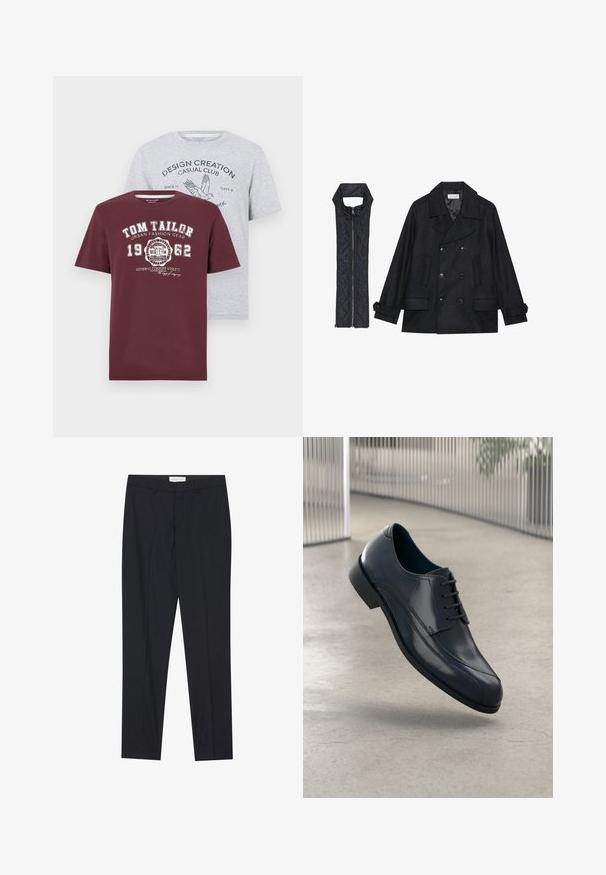Černý vlněný kabát s dvojitými knoflíky a velkým límcem, doplněný bezrukávovou černou prošívanou vestou se zapínáním na zip.; Dvě trička: jedno tmavě červené s bílým potiskem, s logem "TOM TAILOR"; druhé světle šedé s modrým grafickým textem a designem ptáka. Krátké rukávy, směs bavlny.; Černé saka s plochým předním dílem, klasického střihu, vyrobené z hladké látky, s přitlačenými sklady a bočními kapsami.; Lesklá černá kožená společenská obuv s tkaničkami, plovoucí nad hladkým, světle šedým podlahovým povrchem a s vertikálními kovovými pruty v pozadí.