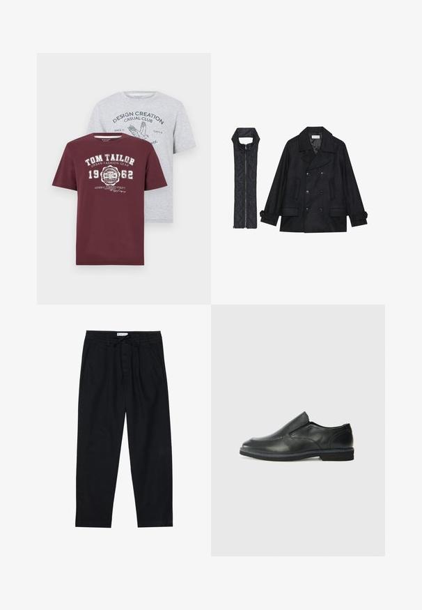 Mustast villast peacoat, millel on topelt nööbid ja suur krae, koos musta ilma varrukateta tikkimisega vestiga, millel on lukuga sulgemine.; Kaks T-särki: üks tumepunane valge trükiga, millel on "TOM TAILOR" logo; teine heledashall sinise graafilise teksti ja linnukujutisega. Lühikesed varrukad, puuvillane segu.; Pier One Chino-püksid - black; Must musta laia suuga king, millel on sile ülemine osa, õmmeldud detailid, ümmargune nina ja madal kummist konts. Tallal on minimaalne mustr.