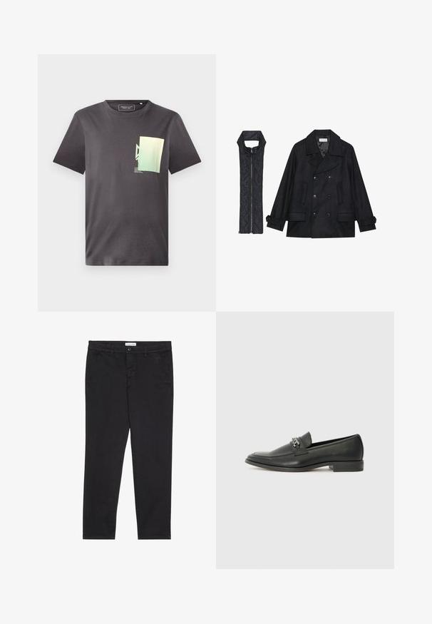 Mustast villast peacoat, millel on topelt nööbid ja suur krae, koos musta ilma varrukateta tikkimisega vestiga, millel on lukuga sulgemine.; Hallide hallist puuvillane T-särk, millel on ümmargune kaelus ja minimalistlik roheline ja sinine graafiline trükk vasakul rinnapiiril. Lühikesed varrukad.; Mustad puuvillased püksid kitsas lõikes, millel on kaks külgtaskut ja ees klõpsuga kinnitamine. Tekstuuriga kangas, millel on peened detailid.; Must haveate nahkking punased, millel on sile viimistlus, tikitud muster ja dekoratiivne metallkett vampi üle. Tasane konts.