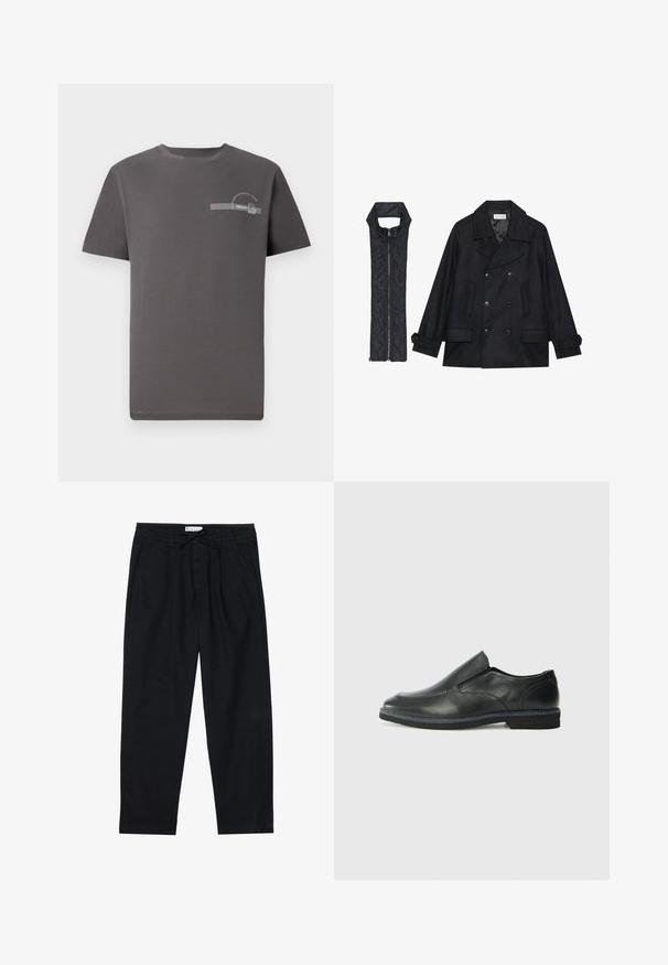Mustast villast peacoat, millel on topelt nööbid ja suur krae, koos musta ilma varrukateta tikkimisega vestiga, millel on lukuga sulgemine.; Hallide hall kaelusega hall puuvillane t-särk lühikeste varrukatega, rinnaosal väike trükitud muster, mis sisaldab teksti ja triibulist aktsenti.; Pier One Chino-püksid - black; Must musta laia suuga king, millel on sile ülemine osa, õmmeldud detailid, ümmargune nina ja madal kummist konts. Tallal on minimaalne mustr.