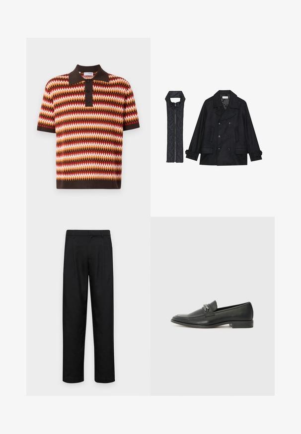 Fekete gyapjú peacoat dupla gombolással és nagy gallérral, melyet egy ujjatlan fekete steppelt mellénnyel párosítanak, amely cipzárral záródik.; Rövid ujjas, galléros póló zigzag mintázattal, piros, narancssárga, barna és fehér színekben; három gombbal és kontrasztos gallérral rendelkezik.; Fekete nadrág sima anyagból, egyenes szárú fazonnal, két elülső redővel és közönséges derékkal, övhurkokkal.; Fekete bőr loaferek sima felülettel, varrott mintával és díszítő fém lánccal a cipő elején. Lapos sarok.