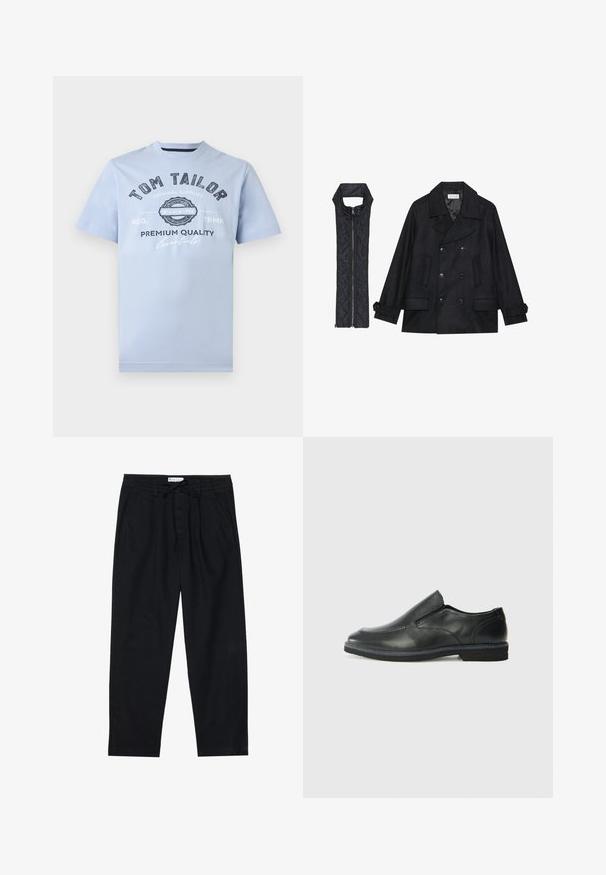 Casaco de lã preto com botões duplos e gola grande, combinado com um colete acolchoado preto sem mangas com fecho de correr.; T-shirt de algodão azul claro com gola redonda, mangas curtas e texto impresso em azul escuro. Apresenta um logótipo e um design com o ano de estabelecimento.; Pier One Chinos - black; Sapato slip-on preto em pele com um upper liso, acabamentos cosidos, bico arredondado e um salto de borracha baixo. A sola apresenta um padrão de aderência mínimo.
