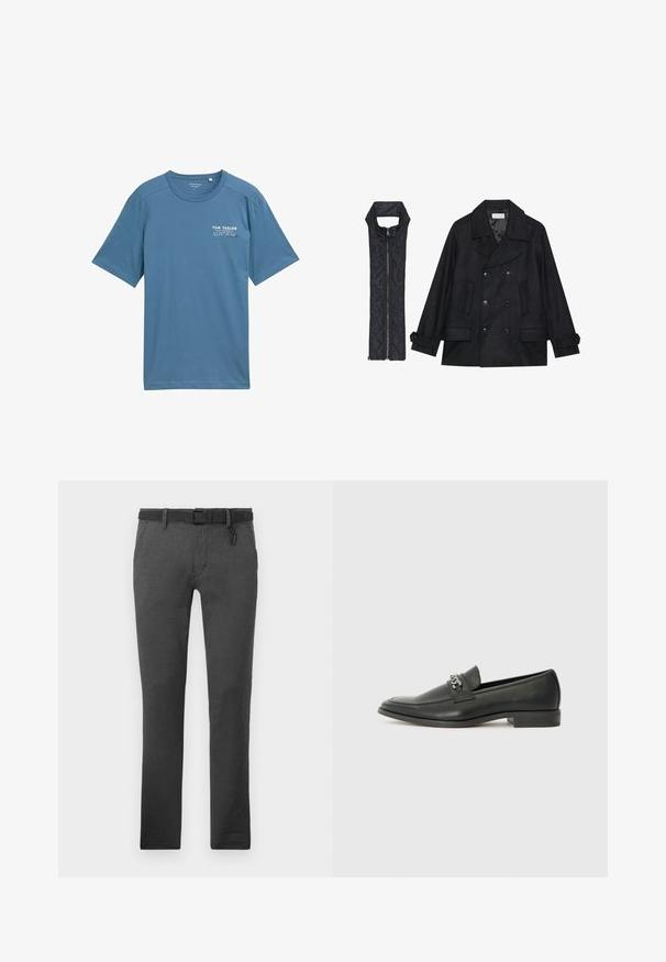 Svart ull peacoat med dubbelknäppta knappar och stor krage, kombinerad med en ärmlös svart vadderad väst med dragkedja.; Blå bomullströja med korta ärmar, rund halsringning och subtilt tryckt logotyp på vänster bröst. Mjuk textur, avslappnad passform.; Mörkgrå byxor i texturerad tyg, med ett svart bälte, bälteshål och två sidofickor. Rak ben-design, inga synliga mönster.; Svart läderloafers med en slät yta, med en sydd design och en dekorativ metallkedjeaccent över västen. Platt häldesign.