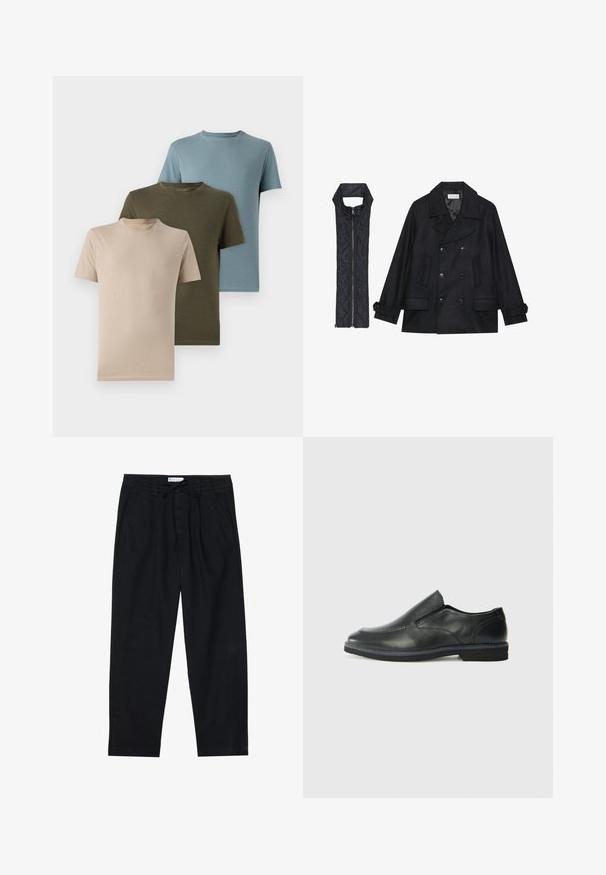 Mustast villast peacoat, millel on topelt nööbid ja suur krae, koos musta ilma varrukateta tikkimisega vestiga, millel on lukuga sulgemine.; Kolm lühikese varrukaga t-särki beeži, oliivrohelise ja helesinise värviga, pehmest kangast, ringkaeluse ja lihtsa disainiga.; Pier One Chino-püksid - black; Must musta laia suuga king, millel on sile ülemine osa, õmmeldud detailid, ümmargune nina ja madal kummist konts. Tallal on minimaalne mustr.