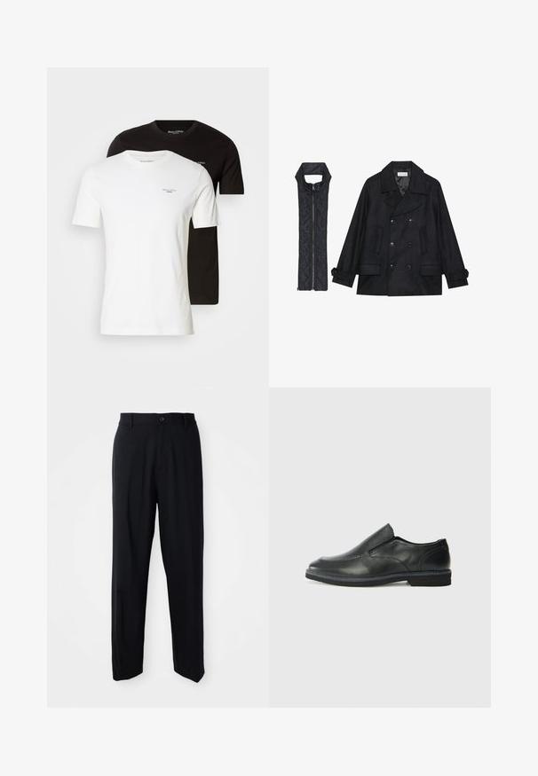 Musta villapaltto, jossa on kaksiriviset napit ja suuri kaulus, yhdistettynä olkaimettomaan mustaan toppaliiviin, joka avautuu vetoketjulla.; Kaksi t-paitaa, yksi valkoinen ja yksi musta, valmistettu puuvillasta. Molemmissa on pyöreä kaula-aukko ja lyhyet hihat, ja niissä on pieni logo rinnassa.; Mustat suorat housut vyön lenkeillä, nappisuljenta ja siisti, minimalistinen muotoilu neutraalilla taustalla.; Musta nahkainen liukujalkine, jossa on sileä pinta, ommeltuja yksityiskohtia, pyöristetty kärki ja matala kumipohja. Pohjassa on minimaalinen pito.
