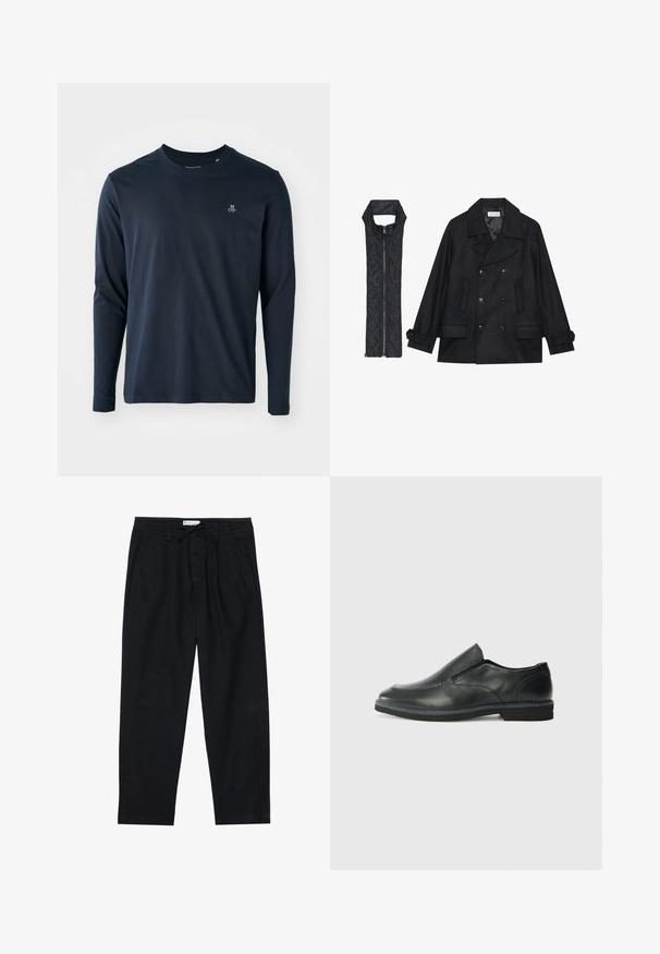 Crni vuneni kaput s dvostrukim kopčanjem i velikim ovratnikom, uparen s crnim bezrukavnim jaknom od mrežastog materijala sa zatvaračem na patent.; Dugog rukav majica u tamnoplavoj boji napravljena od mekanog pamuka, s okruglim izrezom i malim bijelim logotipom na lijevoj strani prsnog koša.; Pier One Chino hlače - black; Crne kožne cipele na sklapanje s glatkom gornjom površinom, prošivenim detaljima, zaobljenim vrhom i niskim gumene potplate. Potplat ima minimalne uzorke.