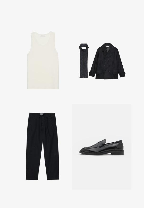 Čierny vlnený peacoat s dvojradovým zapínaním a veľkým golierom, skombinovaný s čiernou prešívanou vestou bez rukávov s rázporkom na zips.; Hladký biely tielko s okrúhlym výstrihom a širokými ramienkami, vyrobené z mäkkej, textúrovanej látky, s rovnými okrajmi.; Pier One Nohavice chinos - black; Čierne kožené loaferky s hladkým povrchom, s okrúhlou špičkou a úzkym pásom cez vrch. Nízky vrstvený podpätok.