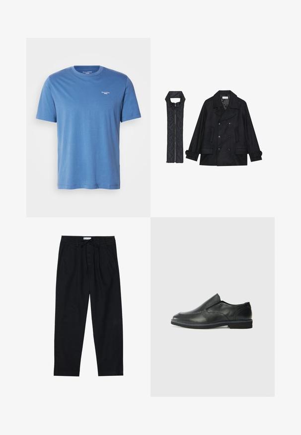 Svart ull peacoat med dubbelknäppta knappar och stor krage, kombinerad med en ärmlös svart vadderad väst med dragkedja.; Ljusblå kortärmad t-shirt i mjukt tyg, med en rundad halsringning och en liten vit logotyp på övre vänstra bröstet.; Pier One Chinos - black; Svart lädersko i slip-on-modell med en slät ovandel, sömnadsdetaljer, rund tå och låg gummihäl. Sulan har minimal mönstring.