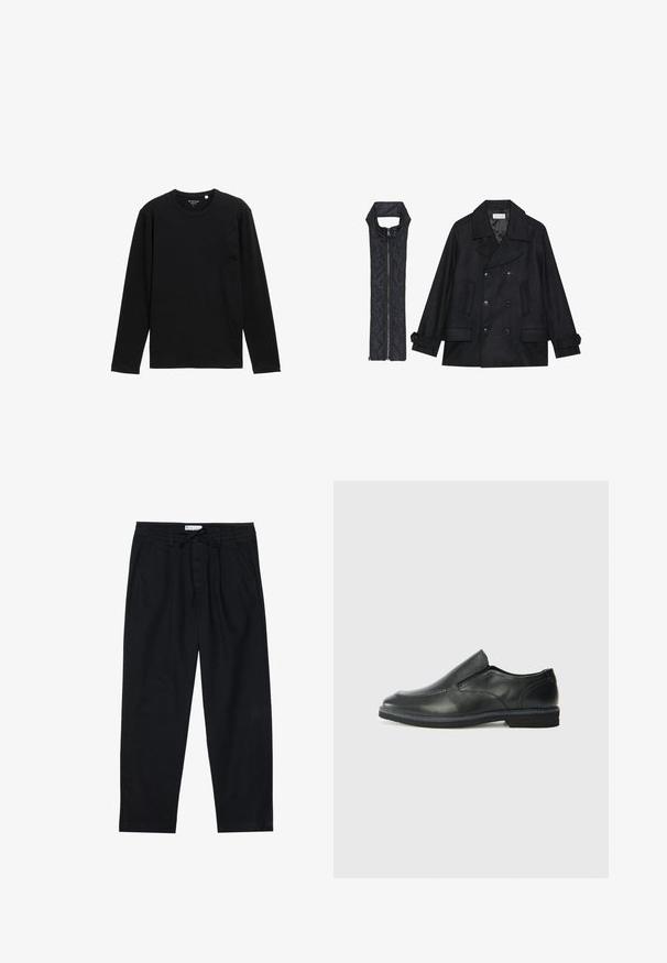 Černý vlněný kabát s dvojitými knoflíky a velkým límcem, doplněný bezrukávovou černou prošívanou vestou se zapínáním na zip.; Černé dlouhé tričko s dlouhým rukávem vyrobené z žebrované tkaniny, s kulatým výstřihem a uvolněným střihem, bez dalších vzorů či ozdob.; Pier One Chino kalhoty - black; Černá kožená nazouvací bota s hladkým svrškem, prošívanými detaily, zaoblenou špičkou a nízkým gumovým podpatkem. Podešev má minimální vzorek.
