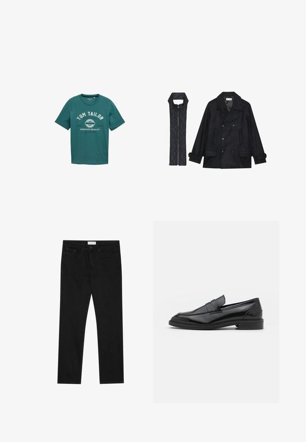 Črn volnen plašč z dvojnimi gumbi in velikim ovratnikom, v kombinaciji z brezrokavnikom iz črnega prešitega materiala z zadrgo.; Teal kratka majica s kratkimi rokavi iz bombaža z okroglim izrezom in belim tiskanim napisom "TOM TAILOR" ter oblikovalskimi podrobnostmi spredaj.; Črne ravne jeans hlače s petimi žepi, z gumbom in zadrgo za zapiranje ter oznako blagovne znamke Pier One na pasu.; Črne usnjene loafersice z gladko površino, s zaobljenim prstom in ozkim pasom čez zgornji del. Nizek zložen petek.