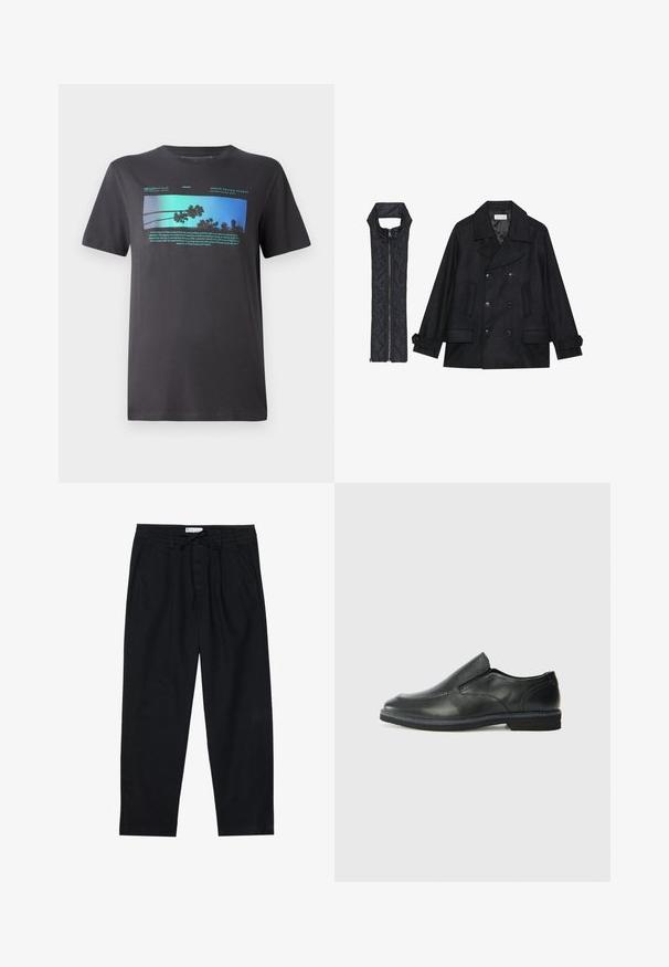 Mustast villast peacoat, millel on topelt nööbid ja suur krae, koos musta ilma varrukateta tikkimisega vestiga, millel on lukuga sulgemine.; Meeste must T-särk, mis on valmistatud pehmest puuvillast. Omab erksat sinist graafikat koos palmipuude ja tekstiga, ümmargune kaelus ja lühikesed varrukad.; Pier One Chino-püksid - black; Must musta laia suuga king, millel on sile ülemine osa, õmmeldud detailid, ümmargune nina ja madal kummist konts. Tallal on minimaalne mustr.