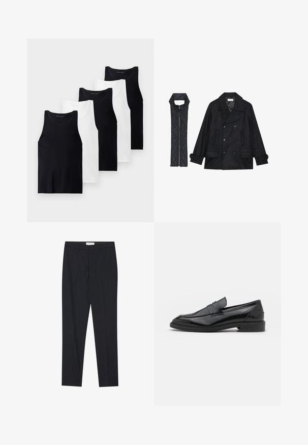 Juodas vilnonis pikoatė su dvigubais mygtukais ir dideliu apykakle, derinamas su juodu be rankovių pūkine liemene su užtrauktuku.; Penki be rankovių marškinėliai juodos ir baltos spalvos medvilnės audinio. Su apvaliais iškirpimais, prigludusia forma ir lygiu paviršiumi.; Juodos pritaikytos kelnės su lygia priekine dalimi, standartinio kirpimo, pagamintos iš lygios medžiagos, su prispaustomis raukinėmis ir šoninėmis kišenėmis.; Juodos odinės loafers batai su lygiu paviršiumi, turintys apvalią noselę ir siaurą juostelę per viršų. Žemas sluoksnis kulnas.