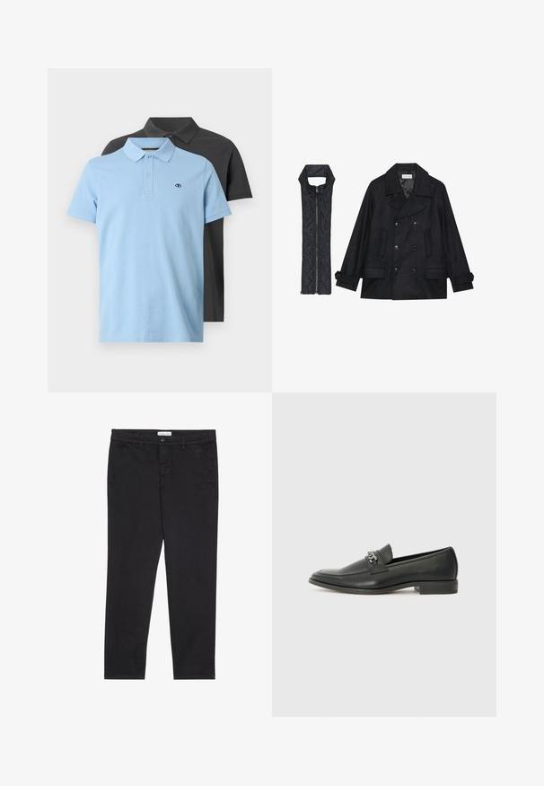 Černý vlněný kabát s dvojitými knoflíky a velkým límcem, doplněný bezrukávovou černou prošívanou vestou se zapínáním na zip.; Dvoje polo triček: jedno světle modré s límečkem a knoflíky a jedno tmavě šedé. Obě mají malé logo na hrudi a krátké rukávy.; Černé bavlněné kalhoty s úzkým střihem, které mají dvě boční kapsy a přední zapínání na knoflík. Texturovaná tkanina s jemnými detaily.; Černé kožené mokasíny s hladkým povrchem, s prošívaným designem a dekoračním kovovým řetízkem přes nárt. Plochý podpatek.
