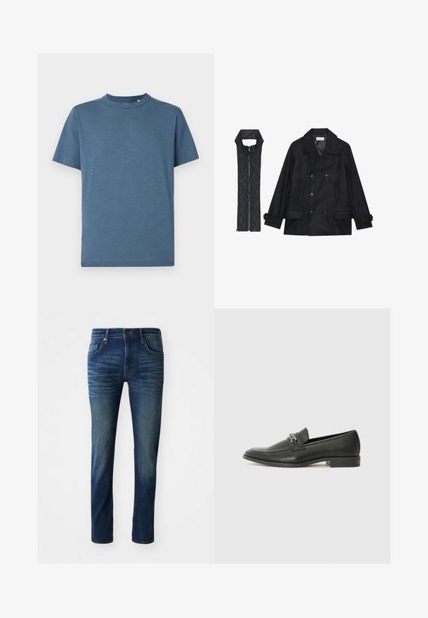 Μαύρο μάλλινο παλτό με διπλό κούμπωμα και μεγάλο γιακά, συνδυασμένο με ένα αμάνικο μαύρο καπιτονέ γιλέκο που διαθέτει φερμουάρ.; Μπλε κοντομάνικο μπλουζάκι από ελαφρύ ύφασμα, με στρογγυλή λαιμόκοψη και διακριτική επωνυμία στο στήθος. Λείος υφασμάτινος χαρακτήρας.; Σκούρα μπλε τζιν παντελόνι με στενή γραμμή, διαθέτοντας πέντε τσέπες, κλείσιμο με κουμπί μπροστά και μια υποτιθέμενη φθαρμένη υφή στα πόδια.; Μαύρη δερμάτινη λοφάρα με λείο φινίρισμα, που διαθέτει ραμμένο σχέδιο και διακοσμητική μεταλλική αλυσίδα πάνω από το μπροστινό μέρος. Χαμηλή φτέρνα.