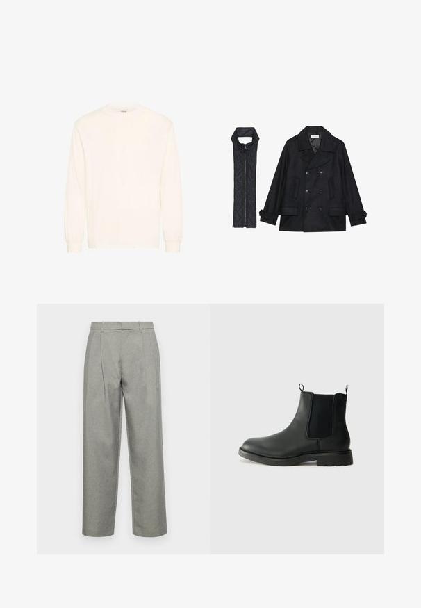 Černý vlněný kabát s dvojitými knoflíky a velkým límcem, doplněný bezrukávovou černou prošívanou vestou se zapínáním na zip.; Košile s dlouhým rukávem v barvě off-white vyrobená z bavlny, s kulatým výstřihem a elastickými manžetami, s minimalistickým designem a jemnou texturou.; Šedé vykrojené kalhoty vyrobené z texturované tkaniny, se střihem rovného nohavice, předními sklady a standardním pasem s poutky na opasek.; Černé kožené chelsea boty s elastickými bočními panely, poutky na patě, kulatou špičkou a strukturovanou gumovou podrážkou. Hladký povrch a robustní design.