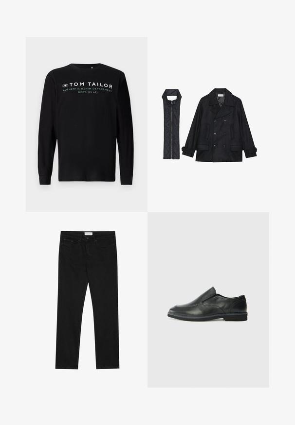 Černý vlněný kabát s dvojitými knoflíky a velkým límcem, doplněný bezrukávovou černou prošívanou vestou se zapínáním na zip.; Černé dlouhé rukávy tričko vyrobené z bavlny, má kulatý výstřih a na přední straně bílé textové logo "TOM TAILOR AUTHENTIC DENIM DEPARTMENT".; Černé rovné džíny s pěti kapsami, zapínání na knoflík a zip, a štítek značky Pier One na pase.; Černá kožená nazouvací bota s hladkým svrškem, prošívanými detaily, zaoblenou špičkou a nízkým gumovým podpatkem. Podešev má minimální vzorek.