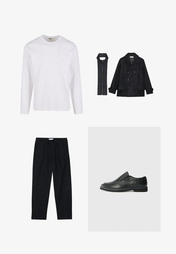 Juodas vilnonis pikoatė su dvigubais mygtukais ir dideliu apykakle, derinamas su juodu be rankovių pūkine liemene su užtrauktuku.; Baltas ilgomis rankovėmis marškinėliai, pagaminti iš minkštos medvilnės, su apvaliu iškirpimu ir švariu, nesuformuotu dizainu be grafinio rašto ar papuošimų.; Pier One Chino stiliaus kelnės - black; Juodai odiniai įtvirtinimo batai su lygiu paviršiumi, siuvinėjimo akcentais, apvalia nosimi ir žemu guminiu kulnu. Pado raštas minimalus.
