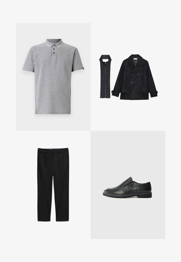 Crni vuneni kaput s dvostrukim kopčanjem i velikim ovratnikom, uparen s crnim bezrukavnim jaknom od mrežastog materijala sa zatvaračem na patent.; Siva polo majica s ovratnikom, koja sadrži placket s tri gumba, bijele akcentne detalje na ovratniku i rukavima, te je od mekog materijala.; Crne hlače ravnog kroja, izrađene od teksturiranog materijala. Imaju dva prednja džepa i dugme za zatvaranje u struku.; Crne kožne cipele na sklapanje s glatkom gornjom površinom, prošivenim detaljima, zaobljenim vrhom i niskim gumene potplate. Potplat ima minimalne uzorke.