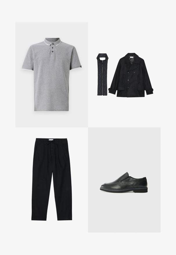 Črn volnen plašč z dvojnimi gumbi in velikim ovratnikom, v kombinaciji z brezrokavnikom iz črnega prešitega materiala z zadrgo.; Siva polo majica z ovratnikom, ki ima tri gumbe na zapiranju, bele poudarke na ovratniku in rokavih ter mehak videz.; Pier One Hlače chino - black; Črne usnjene natikače z gladkim zgornjim delom, prišitimi detajli, zaobljenim nosom in nizkim gumijastim petkom. Podplat ima minimalen profil.