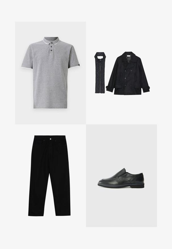 Fekete gyapjú peacoat dupla gombolással és nagy gallérral, melyet egy ujjatlan fekete steppelt mellénnyel párosítanak, amely cipzárral záródik.; Szürke pólóing, gallérral, három gombos záródással, fehér díszítésekkel a galléron és az ujjakon, valamint puha tapintással.; Fekete farmernadrág, egyenes szabással, öt zsebből álló dizájnnal és elülső gombos záródással. Simább felület minimális varrási részletekkel.; Fekete bőr, slip-on cipő sima felsőrésszel, varrott díszítéssel, lekerekített orral és alacsony gumitalppal. A talpa minimális bordázattal rendelkezik.