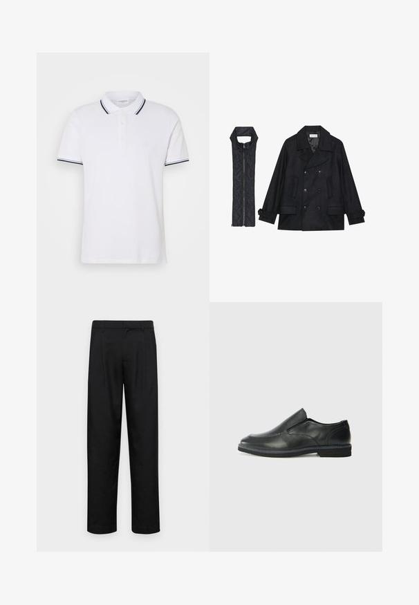 Fekete gyapjú peacoat dupla gombolással és nagy gallérral, melyet egy ujjatlan fekete steppelt mellénnyel párosítanak, amely cipzárral záródik.; Fehér, pamutból készült pólóing, galléros nyakkal, háromgombos gombolással és sötétkék-fehér csíkos díszítéssel a ujjakon.; Fekete nadrág sima anyagból, egyenes szárú fazonnal, két elülső redővel és közönséges derékkal, övhurkokkal.; Fekete bőr, slip-on cipő sima felsőrésszel, varrott díszítéssel, lekerekített orral és alacsony gumitalppal. A talpa minimális bordázattal rendelkezik.