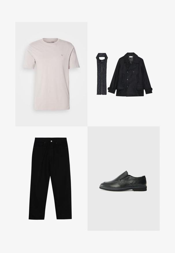 Musta villapaltto, jossa on kaksiriviset napit ja suuri kaulus, yhdistettynä olkaimettomaan mustaan toppaliiviin, joka avautuu vetoketjulla.; Vaaleanbeige puuvillainen t-paita, jossa on pyöreä kaula-aukko, lyhyet hihat ja pieni logo yksityiskohtana rinnassa. Liukas textura, rento istuvuus.; Mustat farkut suoraan lahkeella, viisi taskua ja etunappikiinnitys. Sileä rakenne, jossa on vain vähäisiä ompelualueita.; Musta nahkainen liukujalkine, jossa on sileä pinta, ommeltuja yksityiskohtia, pyöristetty kärki ja matala kumipohja. Pohjassa on minimaalinen pito.