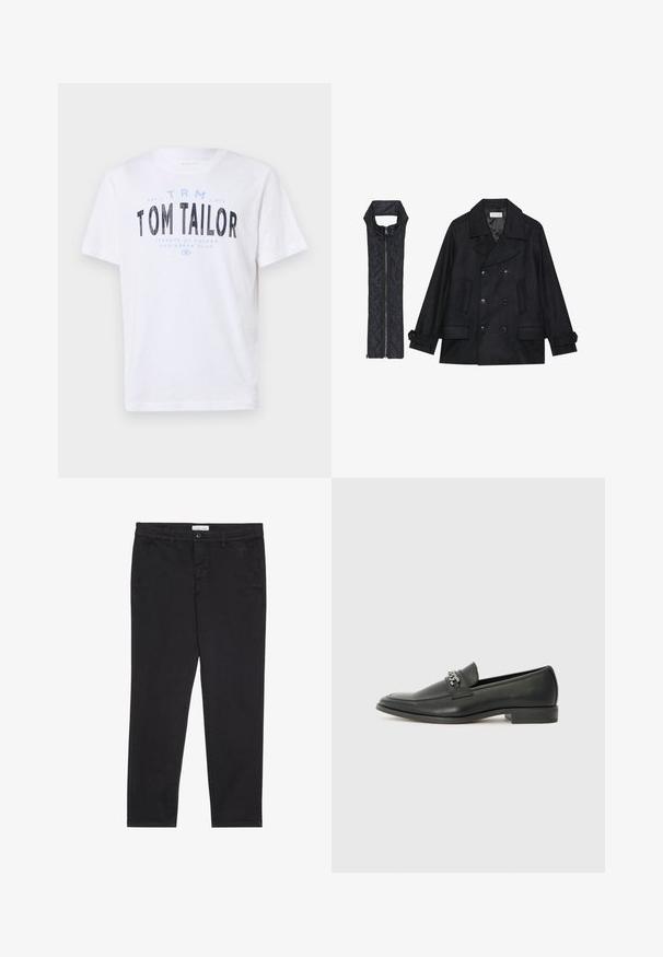 Mustast villast peacoat, millel on topelt nööbid ja suur krae, koos musta ilma varrukateta tikkimisega vestiga, millel on lukuga sulgemine.; Valge puuvillane T-särk ümarate krae ja lühikeste varrukatega. Omab sinise ja musta trükitud teksti: "TOM TAILOR," "HAVANA TIGUUD" ja numbreid.; Mustad puuvillased püksid kitsas lõikes, millel on kaks külgtaskut ja ees klõpsuga kinnitamine. Tekstuuriga kangas, millel on peened detailid.; Must haveate nahkking punased, millel on sile viimistlus, tikitud muster ja dekoratiivne metallkett vampi üle. Tasane konts.