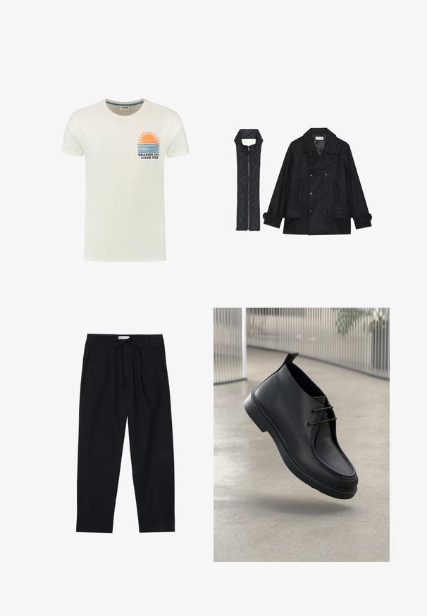 Juodas vilnonis pikoatė su dvigubais mygtukais ir dideliu apykakle, derinamas su juodu be rankovių pūkine liemene su užtrauktuku.; Kreminės spalvos medvilninė marškinėlė su saulės grafika virš mėlynų juostelių ir tekstu "SAULĖS PAIEŠKOS Nuo 1960" ant krūtinės.; Pier One Chino stiliaus kelnės - black; Juodas odinis batelis su.lygiu paviršiumi, apvalia nosimi ir su raišteliais; turi žemą padą ir spaudimo kilpelę gale.