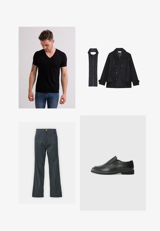 Černý vlněný kabát s dvojitými knoflíky a velkým límcem, doplněný bezrukávovou černou prošívanou vestou se zapínáním na zip.; Černé tričko s V výstřihem vyrobené z měkkého materiálu, se zkrácenými rukávy a přiléhavým střihem, nošené s modrými džíny, což vytváří uvolněný vzhled.; Černé kalhoty s rovnými nohavicemi, vyrobené z bavlněné směsi. Mají kovové zapínání a boční kapsy. Bez viditelných vzorů.; Černá kožená nazouvací bota s hladkým svrškem, prošívanými detaily, zaoblenou špičkou a nízkým gumovým podpatkem. Podešev má minimální vzorek.