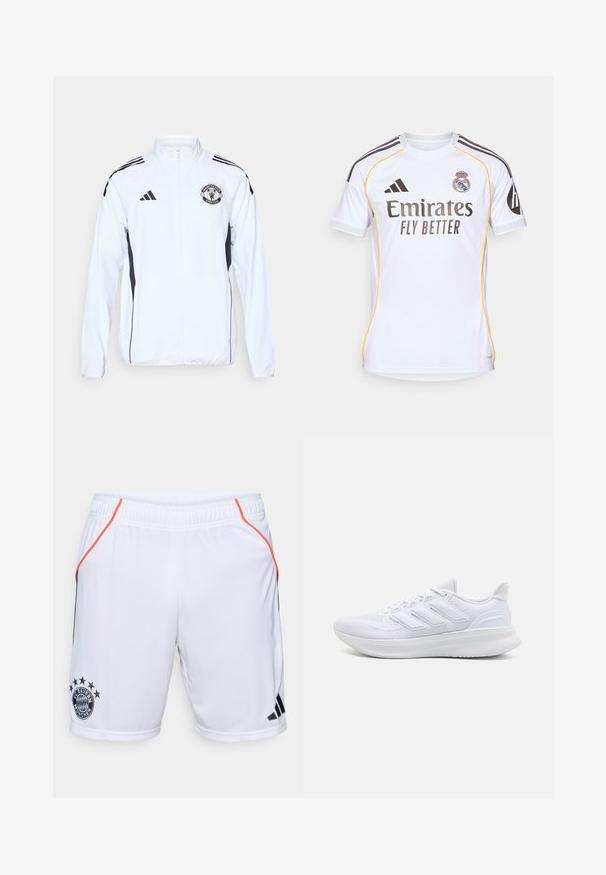 Witte sportjack met zwarte accenten, ritsluiting en het logo van Manchester United. Heeft drie zwarte strepen op de schouders en elastische manchetten.; Witte voetbalshirt gemaakt van lichtgewicht stof, met gele accenten, zwarte strepen op de schouders en het teamlogo op de borst.; Witte sportshorts met zwarte en oranje accenten. Voorzien van het FC Bayern München-logo en drie zwarte strepen aan de zijkant. Lichtgewicht materiaal.; Witte sportschoenen met een gestructureerde mesh bovenkant, een ondersteunende gevoerde zool en een ontwerp met drie strepen aan de zijkant.