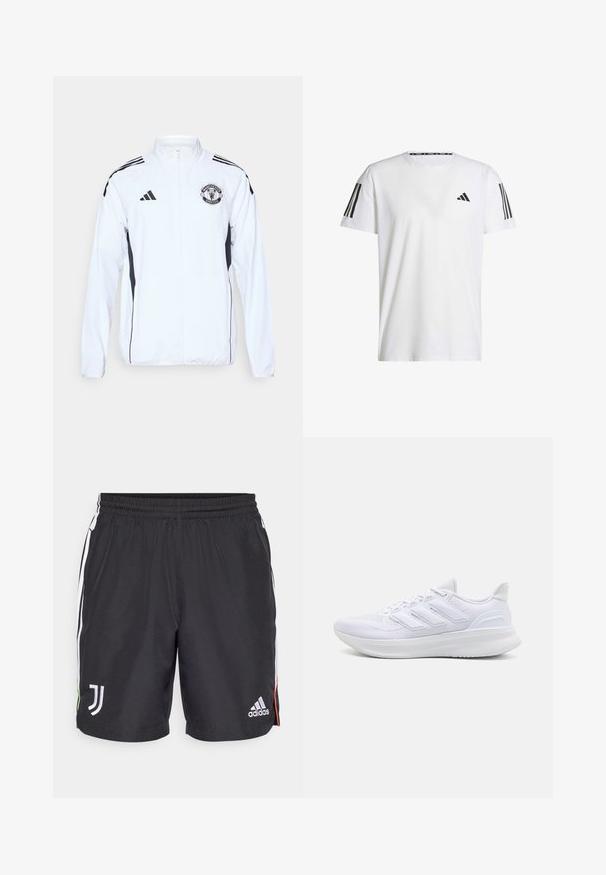 Chaqueta deportiva blanca con detalles en negro, cierre de cremallera y logo del Manchester United. Presenta tres franjas negras en los hombros y puños elásticos.; Camiseta blanca de manga corta hecha de tejido transpirable, con un logo triangular negro y tres rayas negras en cada hombro.; Pantalones cortos deportivos negros con cintura elástica, rayas laterales blancas, logotipo de Juventus en la parte frontal izquierda y logotipo de Adidas en la parte frontal derecha. Textura suave.; Zapatillas deportivas blancas con una parte superior de malla texturizada, suela acolchada y soporte, y un diseño de tres rayas en el lateral.