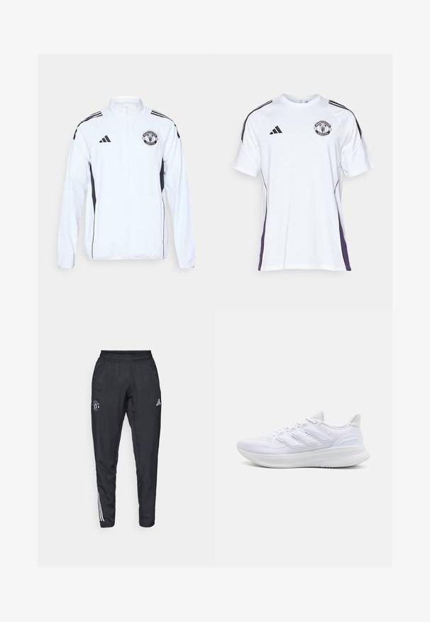 Bijela atletska jakna s crnim detaljima, s patentnim zatvaranjem i logotipom Manchester Uniteda. Ima tri crne pruge na ramenima i elastične manžete.; Bijela sportska majica kratkih rukava s crnim i ljubičastim bočnim detaljima, koja sadrži logo Manchester Uniteda i tri crne pruge na ramenima.; Crne atletske hlače s elastičnim pojasom, izvezenim logotipom na butini i bijelim trakama koje se protežu duž bočnih strana.; Bijele atletske cipele s gornjim dijelom od teksturirane mrežice, potporanom uteznom sredinom i dizajnom s tri pruge sa strane.