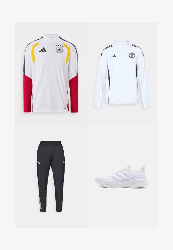 Witte sportjack met zwarte accenten, ritsluiting en het logo van Manchester United. Heeft drie zwarte strepen op de schouders en elastische manchetten.; Witte sportshirt met lange mouwen en rode mesh accenten, gele details op de schouders, zwarte strepen en het logo van het Duitse nationale voetbalteam.; Zwarte sportbroek met een elastische tailleband, geborduurd logo op de dij en witte strepen die langs de zijkanten lopen.; Witte sportschoenen met een gestructureerde mesh bovenkant, een ondersteunende gevoerde zool en een ontwerp met drie strepen aan de zijkant.