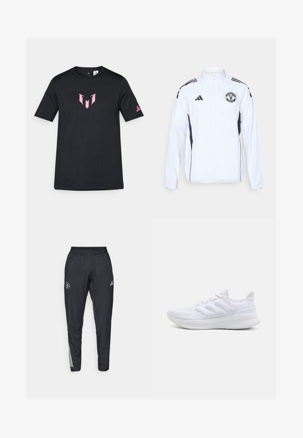 Bílá sportovní bunda s černými akcenty, na zip, s logem Manchester United. Obsahuje tři černé pruhy na ramenou a elastické manžety.; Černé tričko s krátkým rukávem vyrobené z bavlny, které na hrudi nese růžové geometrické logo a logo Adidas na rukávu.; Černé sportovní kalhoty s elastickým pasem, vyšitým logem na stehně a bílými pruhy na bocích.; Bílé sportovní boty s texturovaným síťovaným svrškem, podpůrnou polstrovanou podrážkou a třemi pruhy na boku.